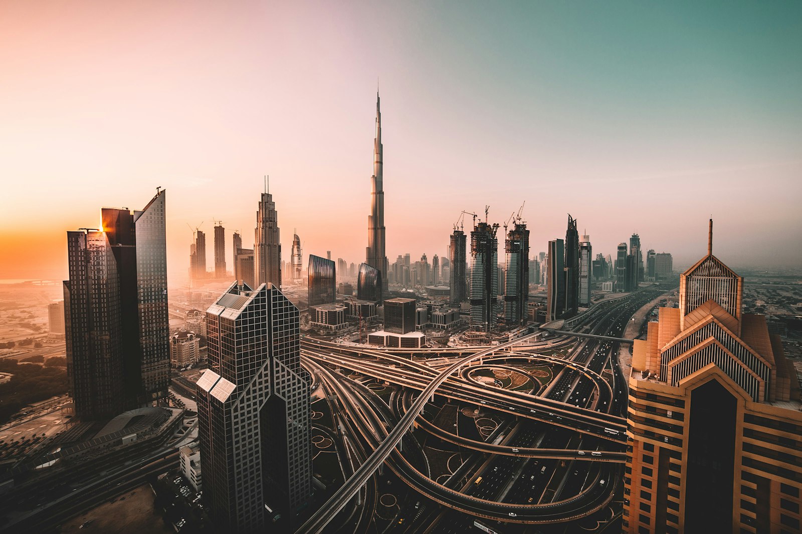 Dubai skyline and waterfront in warm evening light